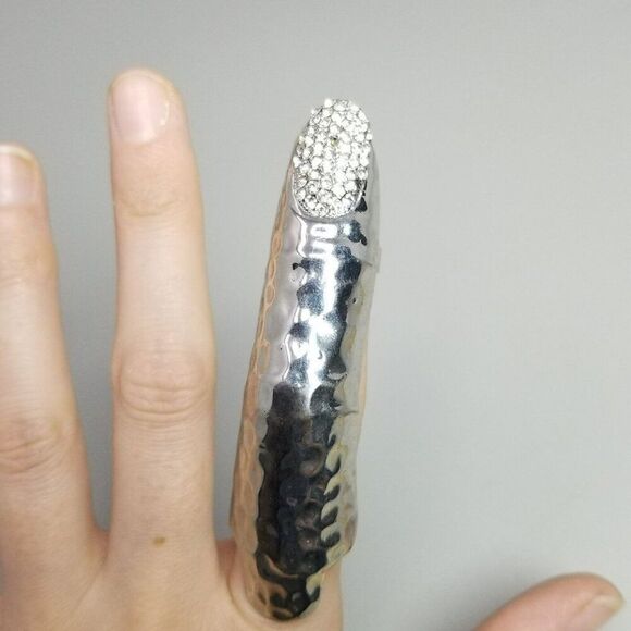 Vintage Finger Shape Ring, Silver Tone Rhinestone Nail adjustable Size Bands - Picture 2 of 7